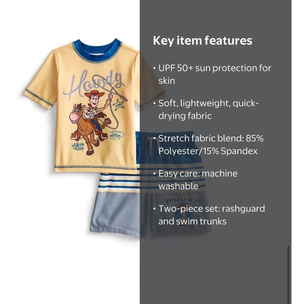 Disney Pixar Toy Story Woody Bullseye Rash Guard Swim Trunks Set‎ Boys 18M NWT